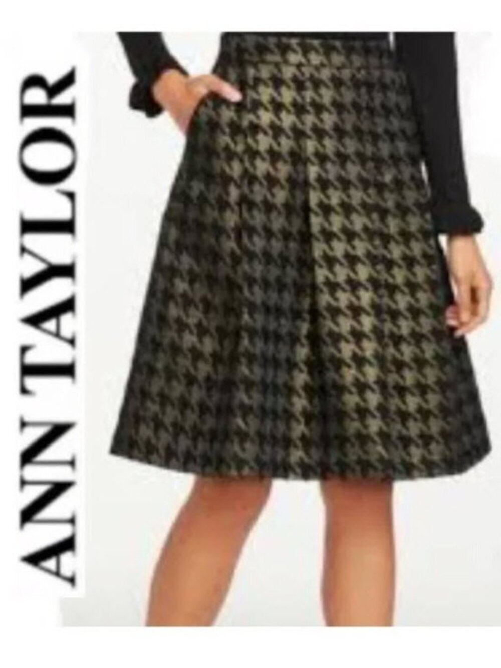 Ann Taylor Pleated Skirt Houndstooth Size 12P NWT metallic Chic Elegant Classic